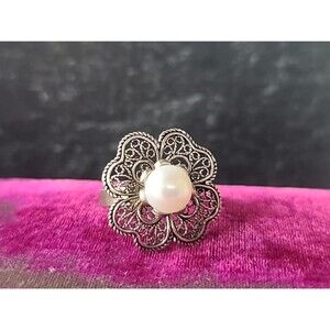 925 Pearl Flower Statement Ring, SIZE US 9.25, Vintage